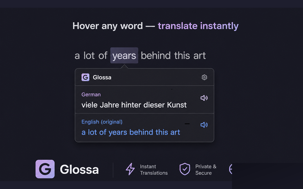 Glossa Hover-Popup: Wort anhoveren, deutsche Übersetzung erscheint